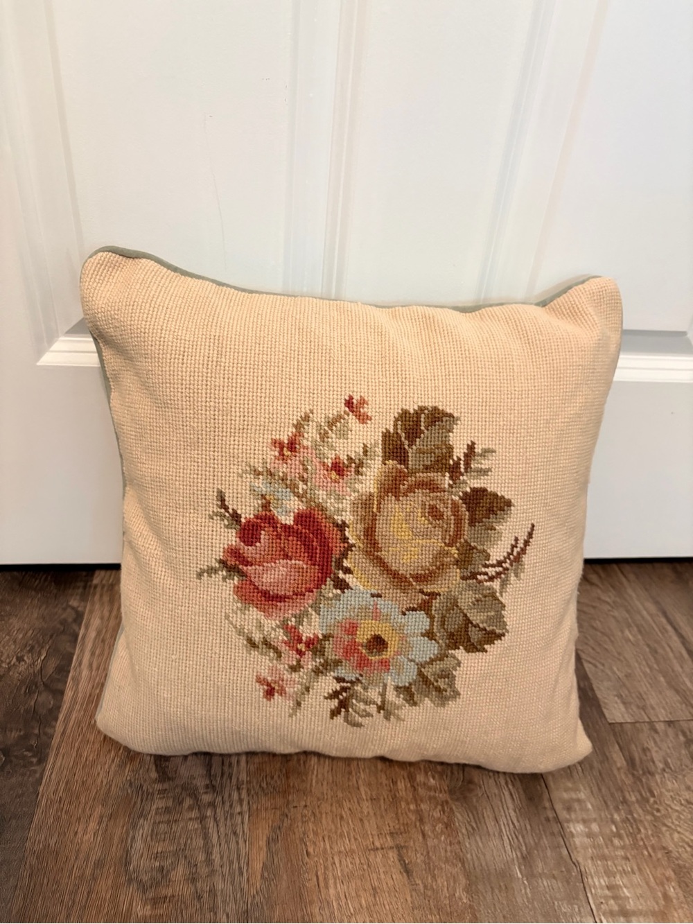 Chaps Rose Floral Needlepoint Pillow 16" Cottage Core
